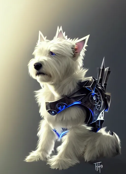 Image similar to a west highland white terrier, anime art style, wearing futuristic, led - lit armor, and a cannon mounted on his back, portrait, high detail, sharp focus, digital painting, artstation, concept art, art by hayao miyazaki and artgerm and greg rutkowski and alphonse mucha.