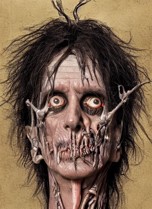 Image similar to portrait of alice cooper with translucent skin, visible muscles and veins and arteries and bones and spines and nerves, beautiful detailed intricate insanely detailed octane render, 8 k artistic photography, photorealistic, chiaroscuro, by david cronenberg, raphael, caravaggio
