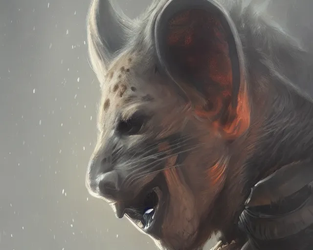 Prompt: A detailed matte oil on canvas head on symmetrical portrait of a man with the head of a hyena wearing heavy armor by Charlie bowater, Lise Deharme, Wlop, trending on artstationhd, dungeons and dragons art, critical role