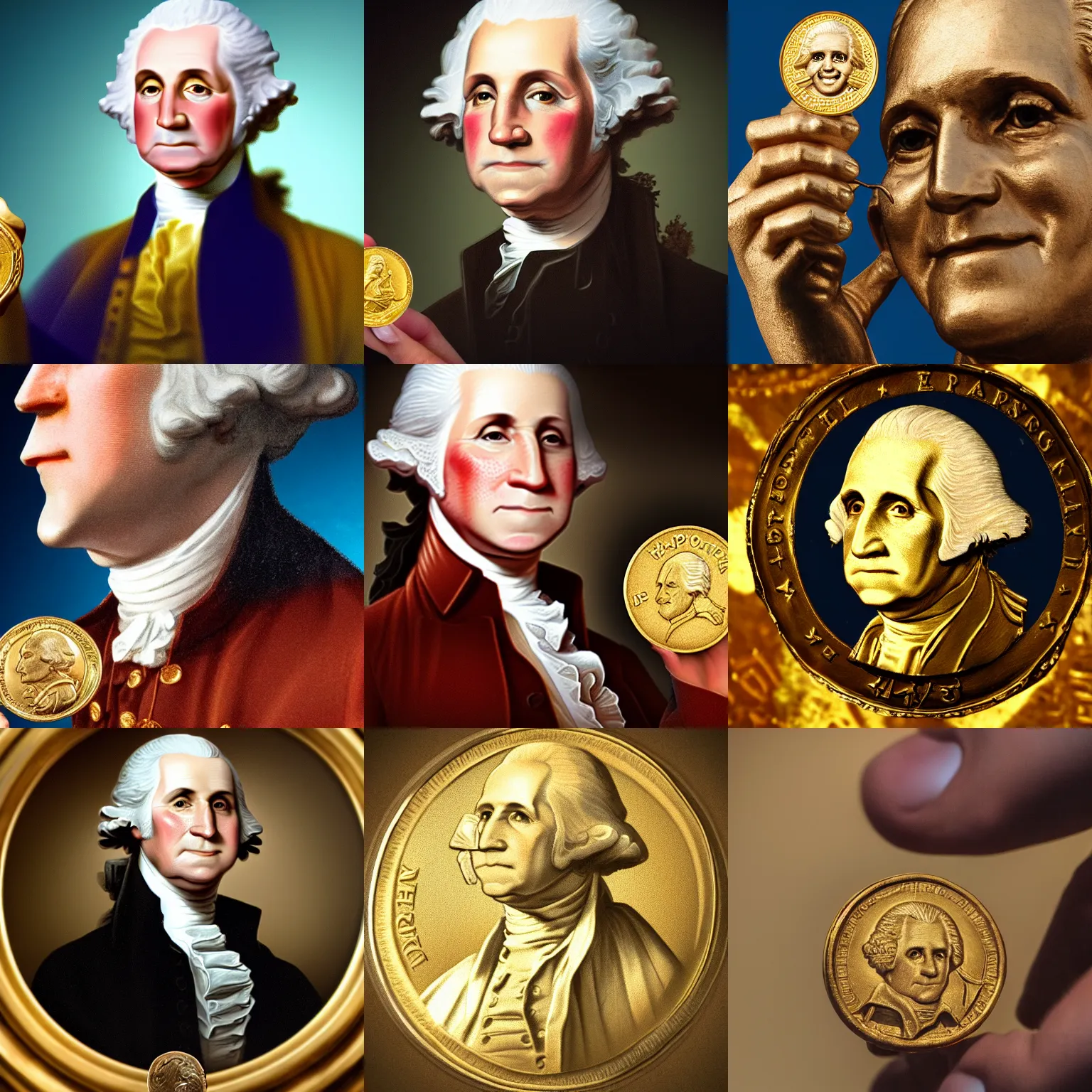 Prompt: a closeup photorealistic photograph of a happy George Washington holding a small gold Doubloon coin in the palm of his hand. This 4K HD image is Trending on Artstation, featured on Behance, well-rendered, extra crisp, features intricate detail and the style of Unreal Engine.