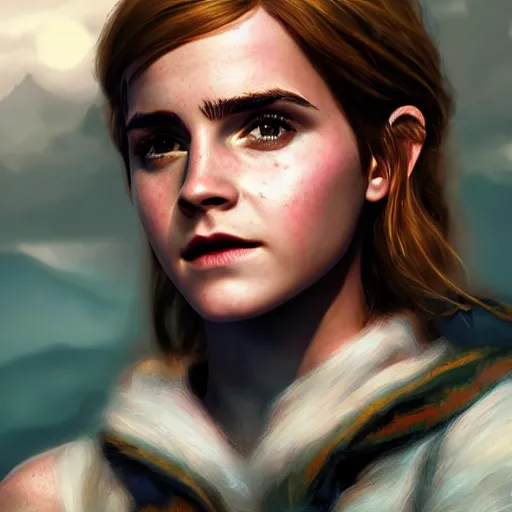 Image similar to An epic fantasy comic book style portrait painting of Emma Watson, unreal 5, DAZ, hyperrealistic, octane render, cosplay, RPG portrait, dynamic lighting