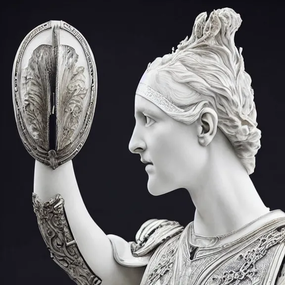 Prompt: a white art nouveau marble and silver sculptural bust of alicia vikander as joan of arc, wearing plate armor, delicate, intricate, smooth, beautiful, by charles van der stappen