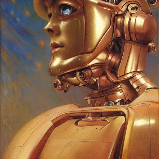 Prompt: highly detailed portrait of an humanoid robotic alien mecha, painting by gaston bussiere, craig mullins, j. c. leyendecker, lights, art by ernst haeckel, john william godward, hammershøi,