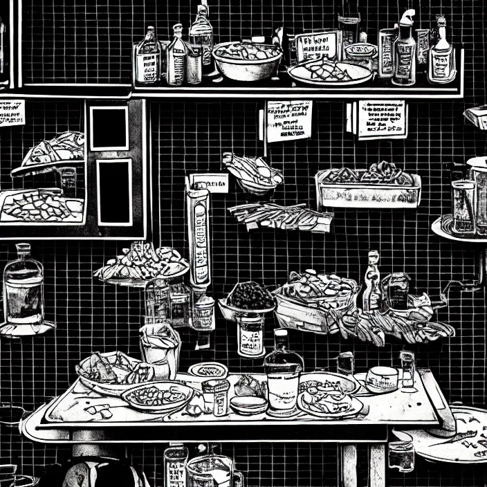 Prompt: close - up on poor quality food, water, and gruel : on a table. inside a dirty automated kiosk. bright tasty food options displayed on a wall. black tiles on walls. black and white, pencil and ink. by gabriel hardman, joe alves, chris bonura. cinematic atmosphere, detailed and intricate, perfect anatomy