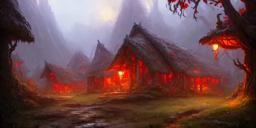 Image similar to Small elven village in deep lush forest with red lamp posts and wooden huts. In style of Greg Rutkowski, Jesper Ejsing, Makoto Shinkai, trending on ArtStation, fantasy, great composition, concept art, highly detailed, scenery, 8K, Behance.