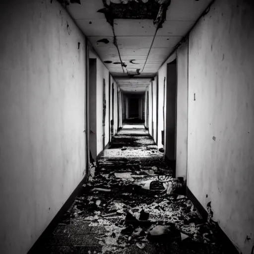 Image similar to An abandoned hospital at night, horror elements, dark ambiance, film grain, 4k.