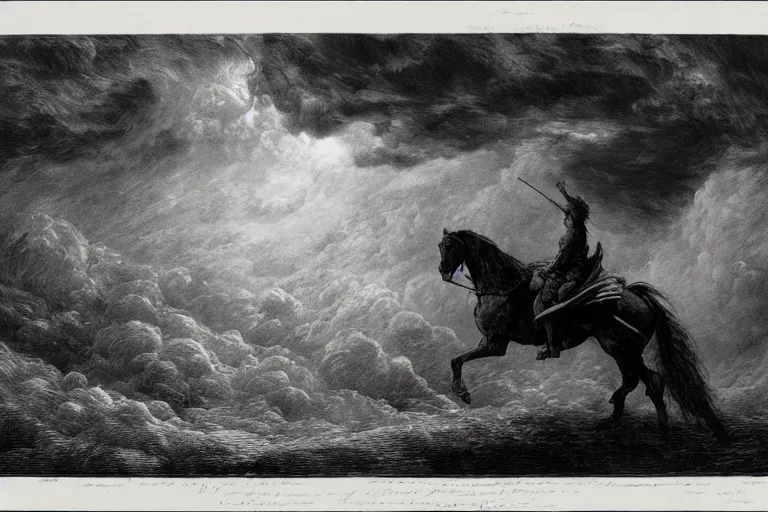 Image similar to A huge rider on a horse rides through epic storm, Gustave Dore lithography