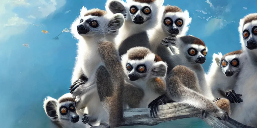 Prompt: Floating lemurs showing their tongues over a blue ocean, Darek Zabrocki, Karlkka, Jayison Devadas, Phuoc Quan, trending on Artstation, 8K, ultra wide angle, pincushion lens effect.