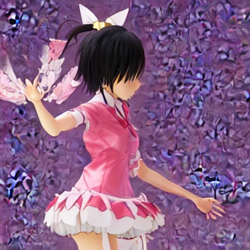 Image similar to Key visual manga book cover portrait of an extremely cute and adorable beautiful anime girl transforming into her magical girl outfit, 3d render diorama by Hayao Miyazaki, official Studio Ghibli still