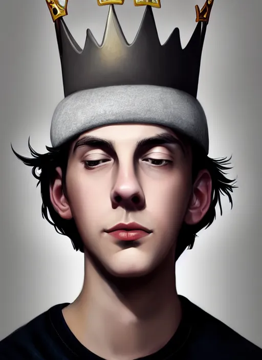 Image similar to portrait of teenage jughead jones wearing a light grey crown, crown, hamburger background, eyes closed, crown, black hair, intricate, elegant, glowing lights, warm lighting, highly detailed, digital painting, artstation, concept art, smooth, sharp focus, illustration, art by wlop, mars ravelo and greg rutkowski