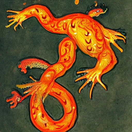 Image similar to salamander on fire in the style of a grotesque of an illuminated manuscript