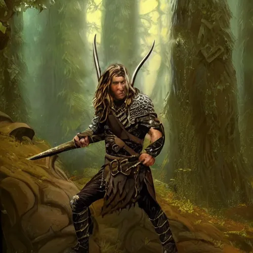 Prompt: a young travis fimmel as an elven warrior in chainmail, in the style of brom, keith parkinson, heroic, highly detailed, concept art, high key, ambient lighting, in a forest,