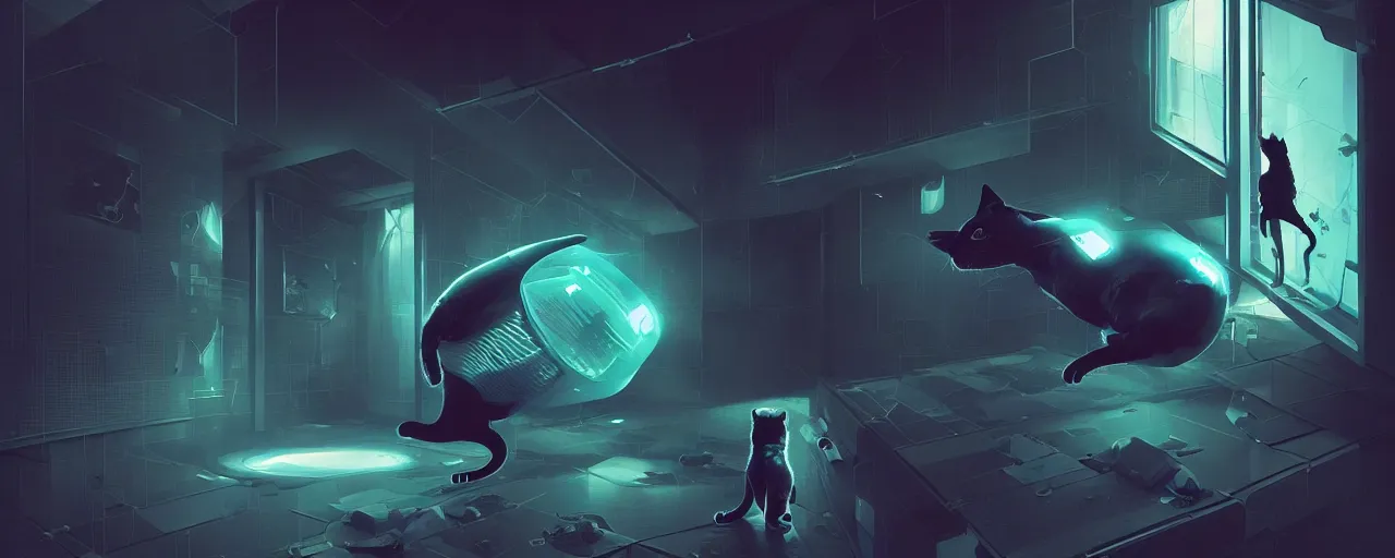 Image similar to duotone noir scifi concept dynamic illustration of 3 d mesh of cat inside box zero gravity glowing 3 d mesh quantum portals, glowing eyes, octane render, surreal atmosphere, volumetric lighting. accidental renaissance. by sachin teng and sergey kolesov and ruan jia and heng z. graffiti art, scifi, fantasy, hyper detailed. trending on artstation