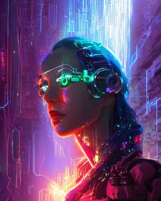 Prompt: a cyberpunk close up portrait of cyborg greek goddess, electricity, sparks, bokeh, soft focus, sparkling, glisten, water drops, cold, dark, geometric, temples behind her, by paul lehr, jesper ejsing