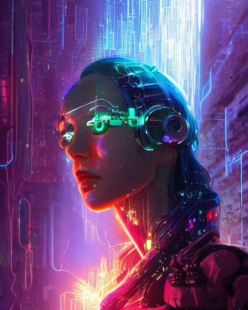 Image similar to a cyberpunk close up portrait of cyborg greek goddess, electricity, sparks, bokeh, soft focus, sparkling, glisten, water drops, cold, dark, geometric, temples behind her, by paul lehr, jesper ejsing