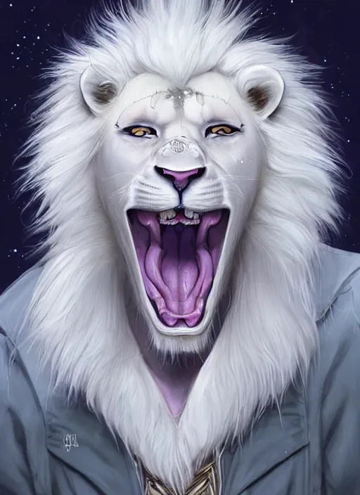 Image similar to award winning beautiful portrait commission of a male furry anthro albino lion fursona with a tail and a cute beautiful attractive detailed furry face wearing rockstar clothes on a live stage. Character design by charlie bowater, ross tran, artgerm, and makoto shinkai, detailed, inked, western comic book art