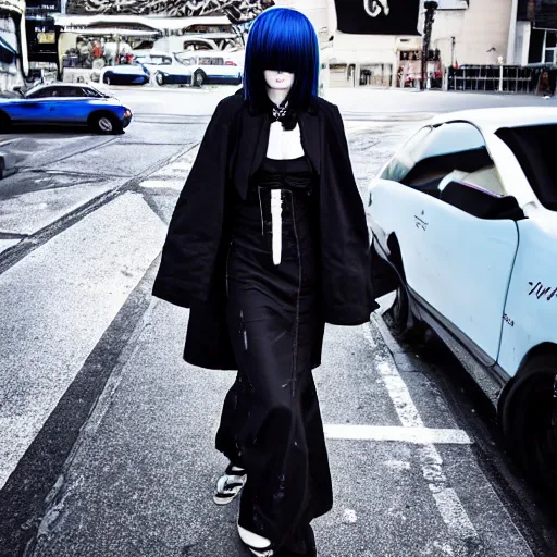 Image similar to 1 7 - year - old anime goth girl, black hair, long bob cut, long bangs, gothic coat, holding, shibuya street, blue sunshine, strong lighting, strong shadows, vivid hues, raytracing, sharp details, subsurface scattering, intricate details, hd anime, very - high - budget anime movie, 2 0 2 1 anime