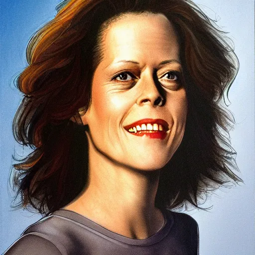 Image similar to young sigourney weaver, smiling, happy, beautiful, intelligent, fully clothed, wise, beautiful, dramatic lighting, sharp focus, by stanley artgerm, trending on artstation, flat colour, geometric curves