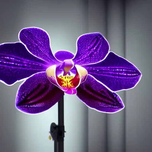 Image similar to an orchid flower, made of metal, cybernetic, reflective, glowing, unreal engine