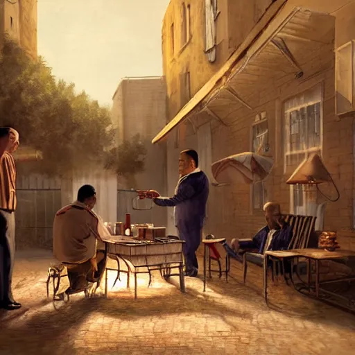 Image similar to Tony Soprano and Gustavo Fring in night at the yard speaking while grilling kebabs and one guy playing guitar, oil painting by Cedric Peyravernay, highly detailed, cinematic concept art, dramatic lighting