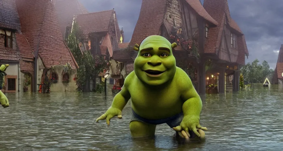 Image similar to Shrek saving a small german town that is being flooded, movie screenshot, dramatic scene