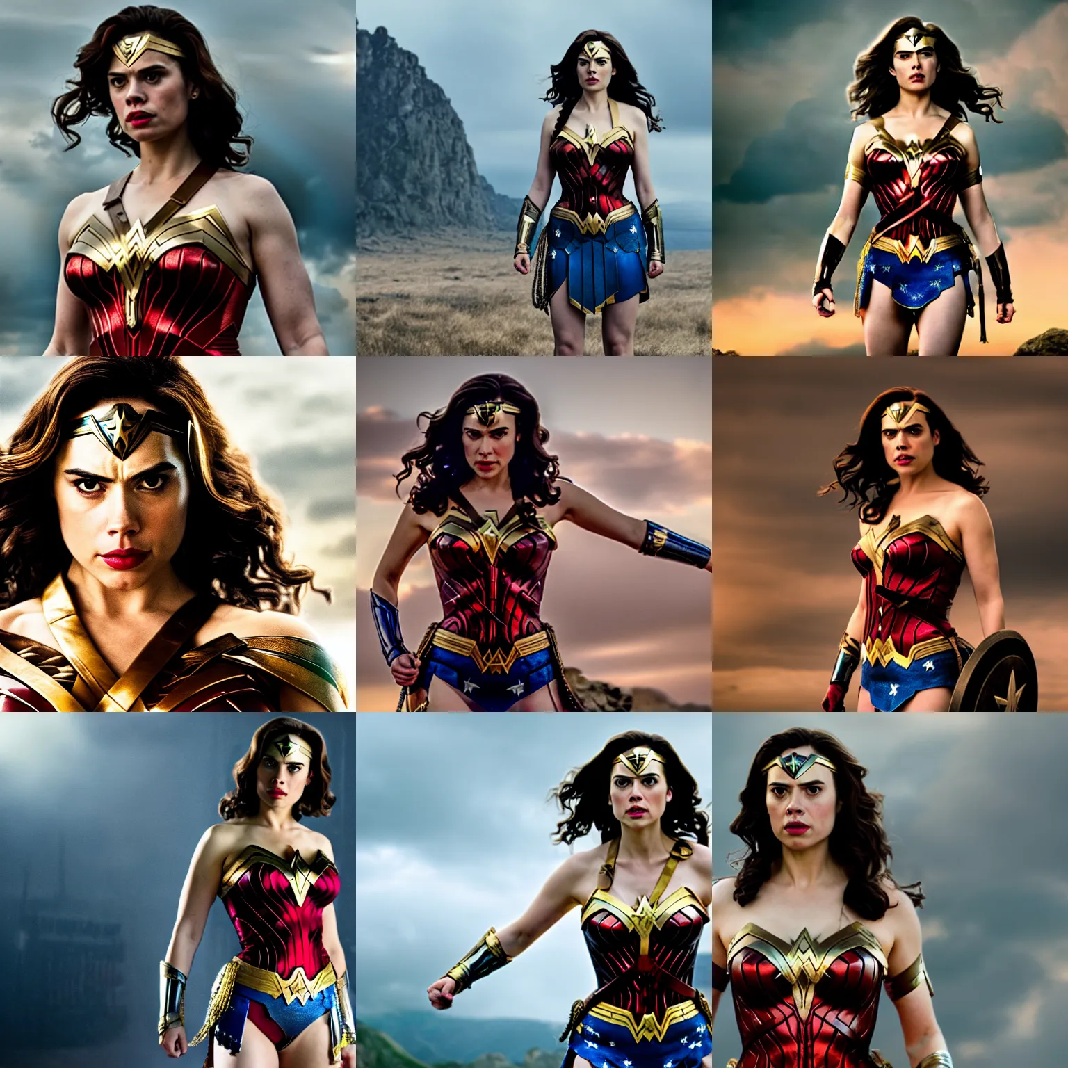Prompt: Hayley Atwell as Wonder Woman. Movie still frame. 4K UHD , symmetrical ,