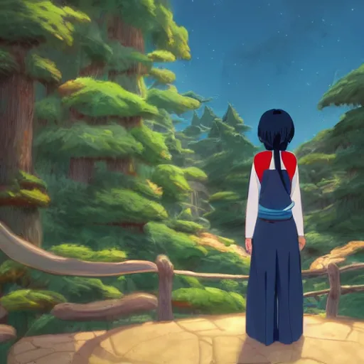 Image similar to a wholesome animation key shot of a girl with a raccoon tail and long dark blue hair, medium shot, studio ghibli, pixar and disney animation, sharp, rendered in unreal engine 5, anime key art by loish, bloom, dramatic lighting