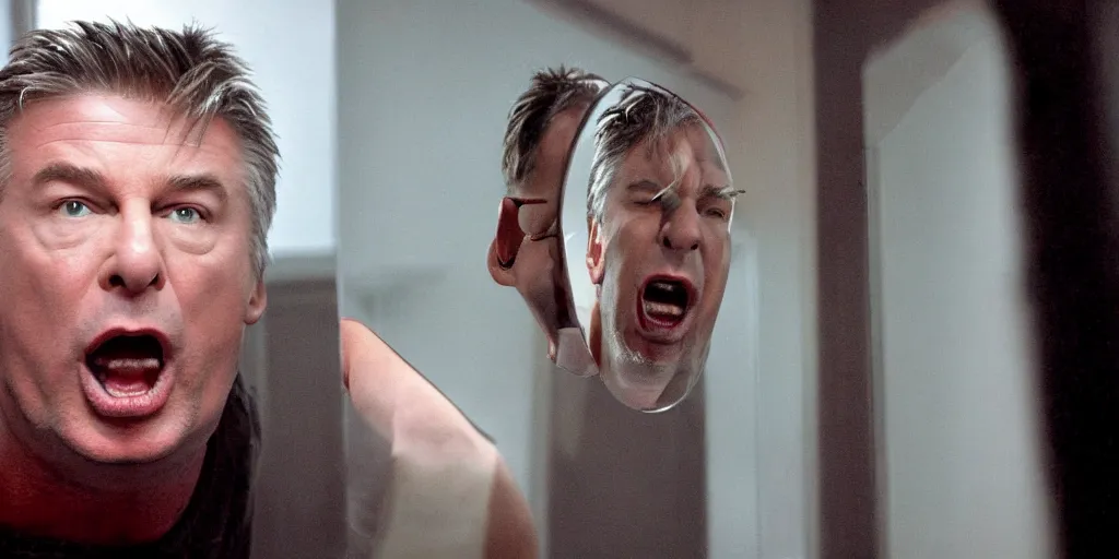 Image similar to ultra wide angle photo of alec baldwin dressed as seth brundle is looking at himself in a bathroom mirror and seeing his reflection as the fly, a mutated insect version of alec baldwin