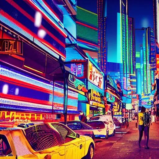 Prompt: ndebele cyberpunk city of the future, bustling street scene, ndebele neon lights, ndebele fashion, high definition, detailed, futuristic, night scene, realistic