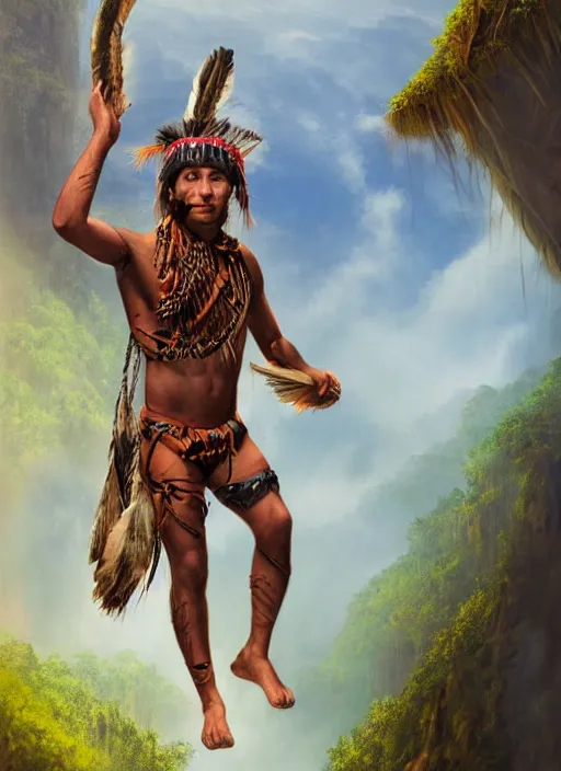 Prompt: a young indigenous amazon man ready to jump off a cliff, matte painting, ayahuasca, fantasy art