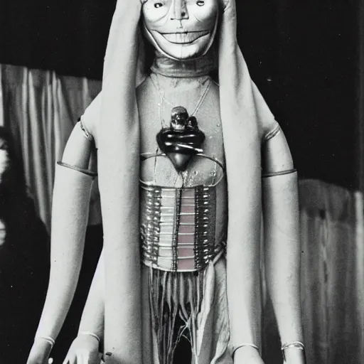 Image similar to Hildegard Von Bingen ventriloquist dummy on a stool, 35mm film