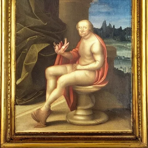 Image similar to a renaissance era painting of donald trump sitting on a toilet