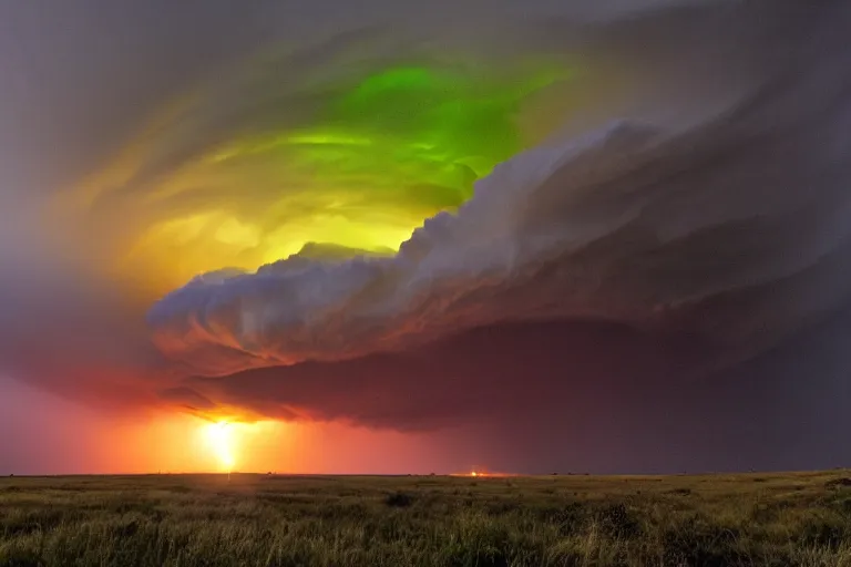 Image similar to a photo of a supercell thunderstorm, illuminated from various angles by the setting sun, cinematic