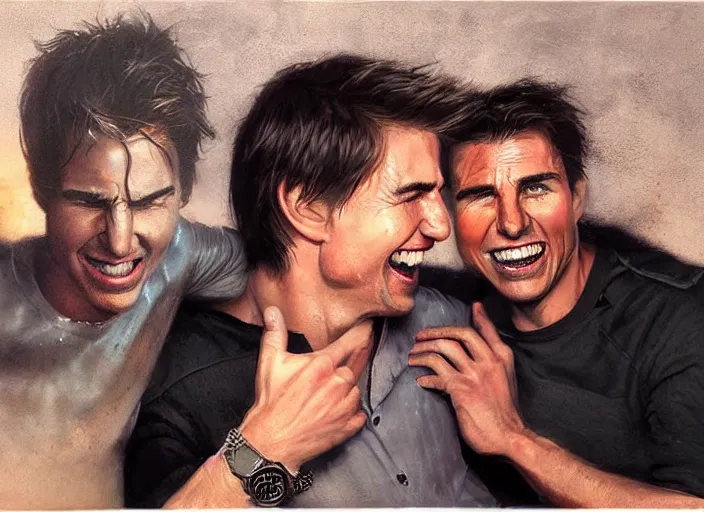 Image similar to hyper realistic tom cruise hanging out with tom cruise at a bar, all overly excited, jaw unhinged with laughter and smiling, all teeth, by greg rutkowski, scott m fischer, artgerm, loish, slight glow, atmospheric, anne stokes, alexandros pyromallis