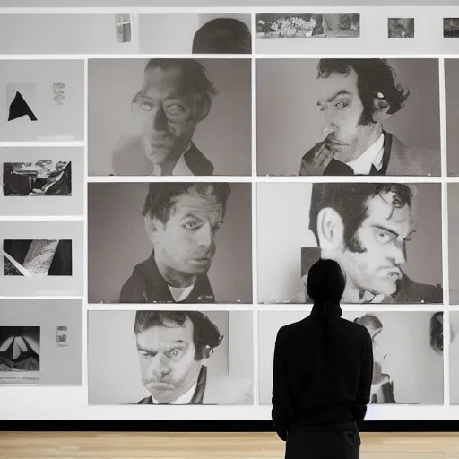 Image similar to art curator looking at a screen with a chat interface, recursive, in the style of grand chamaco and stanley kubrick, inspired by y - 3, photorealistic, epic, super technical, cinematic still