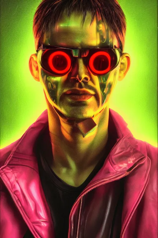 Image similar to detailed portrait of a cyberpunk male with face augmentations, strong neon lighting, raining, mysterious, mirror shades, by glenn fabry, hyper realistic, HD, oil on canvas