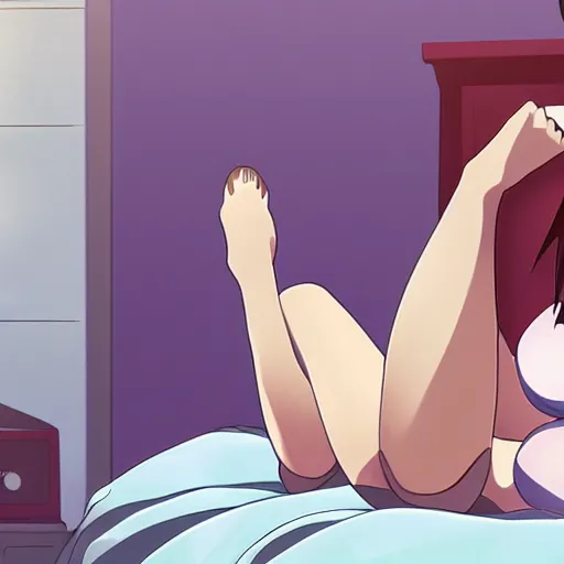 Prompt: anime illustration of a female character wearing shorts and focusing on her slender thighs, she lies in a bed talking on a wired telephone.