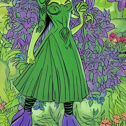 Image similar to Green Witch Walking, Garden, magical garden plant creatures, enchanted, life like plants, Drawn in the style of 1992 X-Men: The Animated Series, marvel comics by Jim Lee 1990's cartoon tv show, high detail, high accuracy