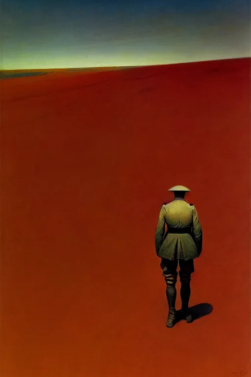 Prompt: world war 1 soldier goes into horizon, edward hopper and james gilleard zdzislaw beksisnski higly detailed