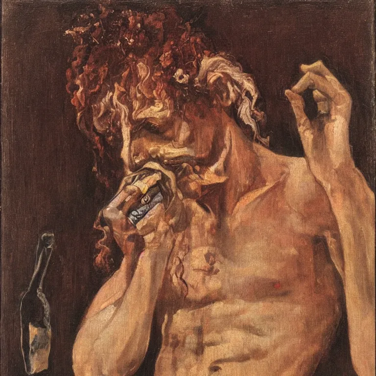 Image similar to raw, unsettling portrait of Dionysus, the Greek god of wine, drinking to forget his heartbreak by 20th-century artist Francis Bacon