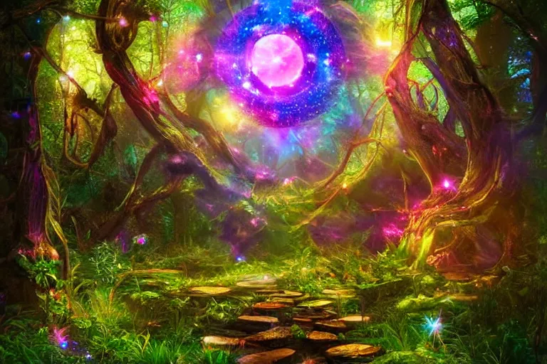 Image similar to a cosmic portal in an enchanted fantasy forest. colorful. cinematic lighting. photorealism.