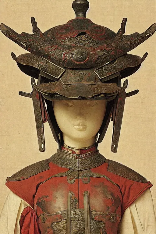 Image similar to a set of battle armor and helmet in tang dynasty of china, ancient, fine pattern carving, by bouguereau