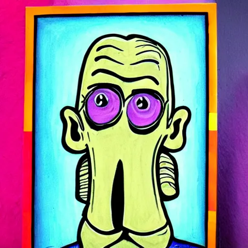 Image similar to cartoon style, strong chin, handsome squidward portrait, vivid colors