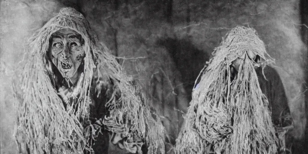 Prompt: 1 9 2 0 s spirit portrait photography of an old female farmer 1 9 5 4 8 turning into a krampus ghost with hay cloth in the dolomites, by william hope, dark, eerie, grainy