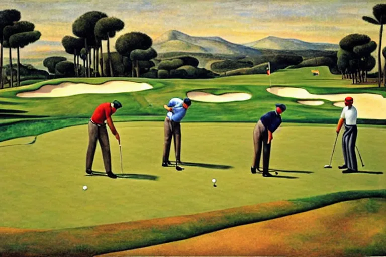 Image similar to Three golfers on a beautiful golf course driving range, by Diego Rivera