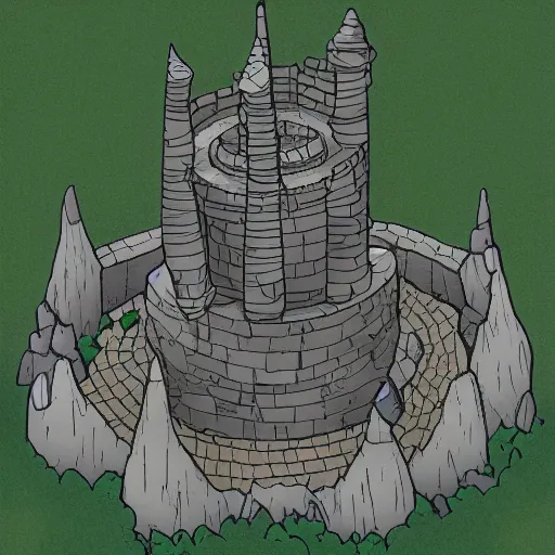 Image similar to Aerial view of a wizard tower next to a few mines and a few caves, lineart, colored