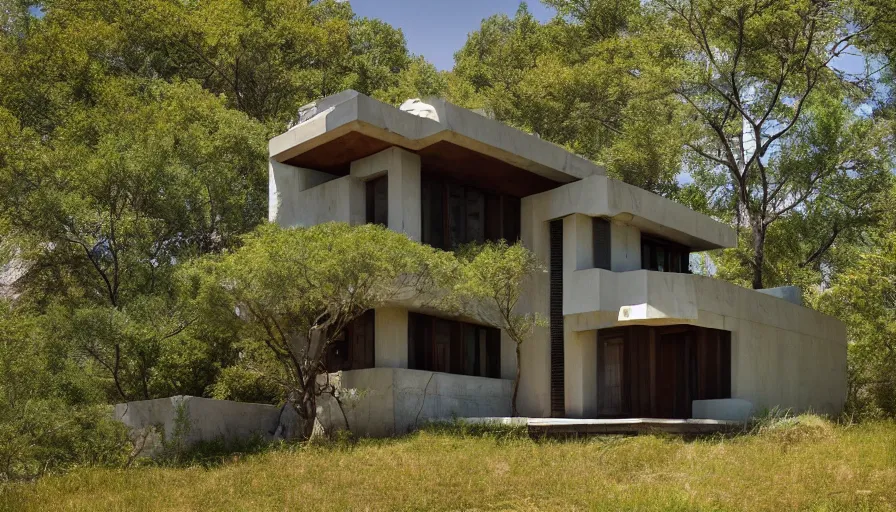 Image similar to small modern house, tibetan inspired architecture, on a green hill between trees and big boulders, frank lloyd wright, photorealistic, cyberpunk