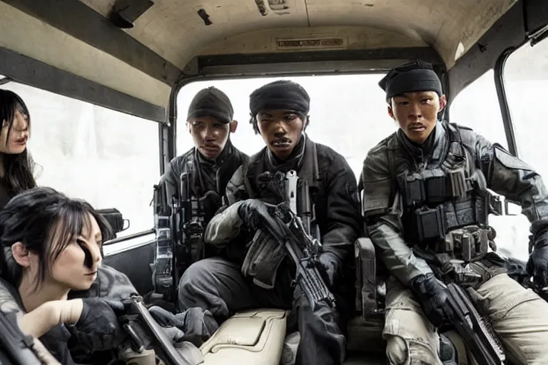 Image similar to movie diverse interracial team of Japanese robbers armed with rifles interior clean futuristic tactical van, beautiful skin, Symmetrical faces. natural lighting by Emmanuel Lubezki