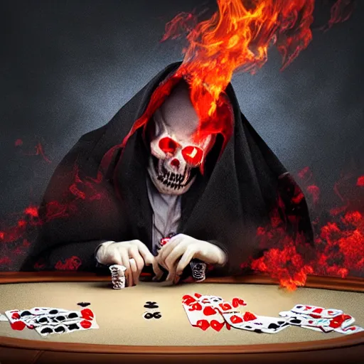 Image similar to a grim reaper playing poker in hell, 8 k, realistic