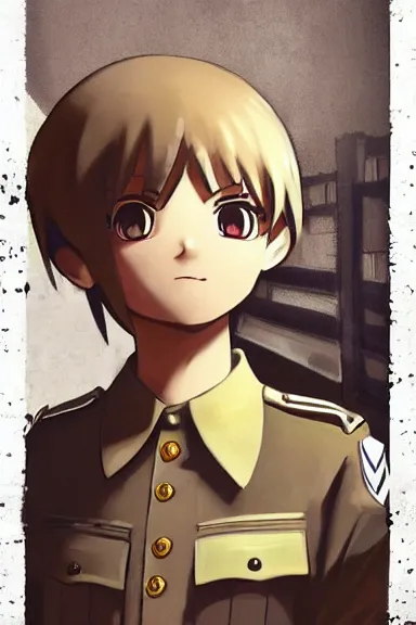 Prompt: beautiful little boy in nazi male uniform. made in abyss art style, sharps focus, cute detailed artwork, anatomically correct, ilya kuvshinov, reflection, perfect composition, wallpaper mobile, digital art, detailed anime soft face, western comic, illustration, realistic, smooth, lois van baarle, soft details, illumination